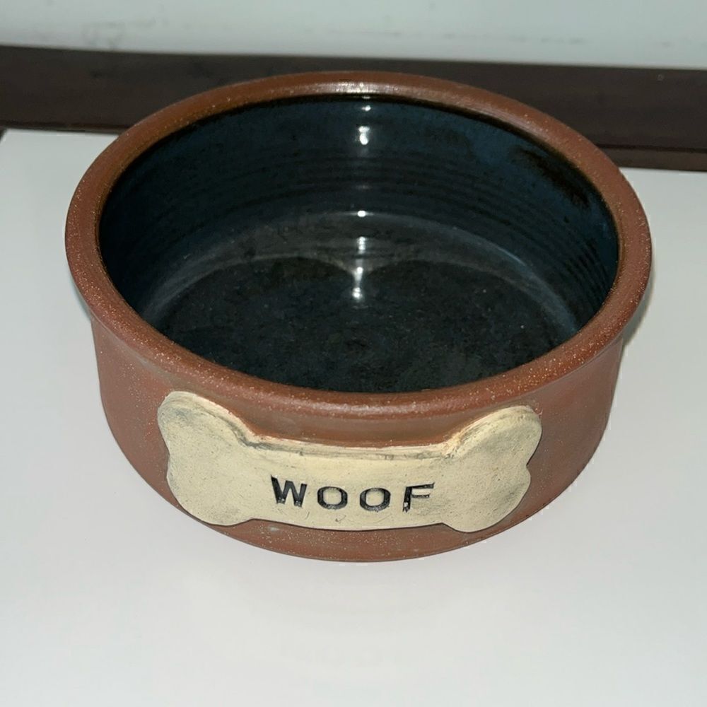 New never used Woof Dog Bone decorated handmade & glazed Small /Medium Dog Bowl